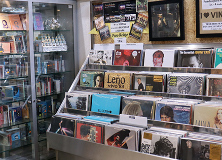 Vista del interior del comercio, dónde podemos ver un expositor con discos de vinilo de distintos artistas y estilos, encima de el se ven carteles y cuadros. De fondo se ve una vitrina con CDs